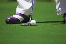 Golfer with purple and white shoes putting a white golf ball on the green 